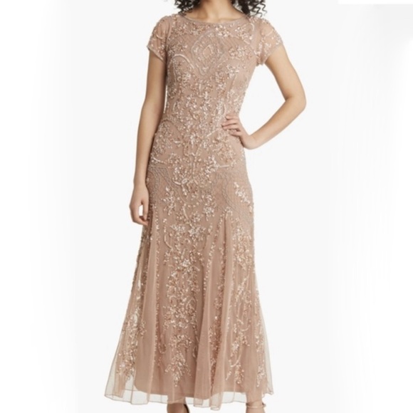 Pisarro Nights Beaded Mesh Midi Cocktail Dress Nude - Picture 1 of 9